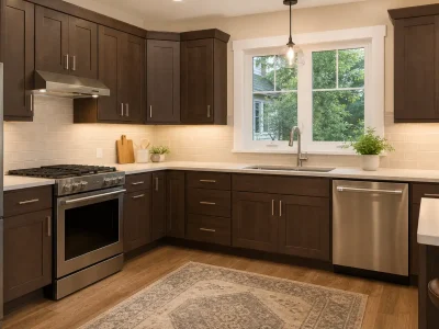 10x10 Kitchen Cabinet Cost shown in a modern kitchen with dark wood cabinets, stainless steel appliances, and bright countertops