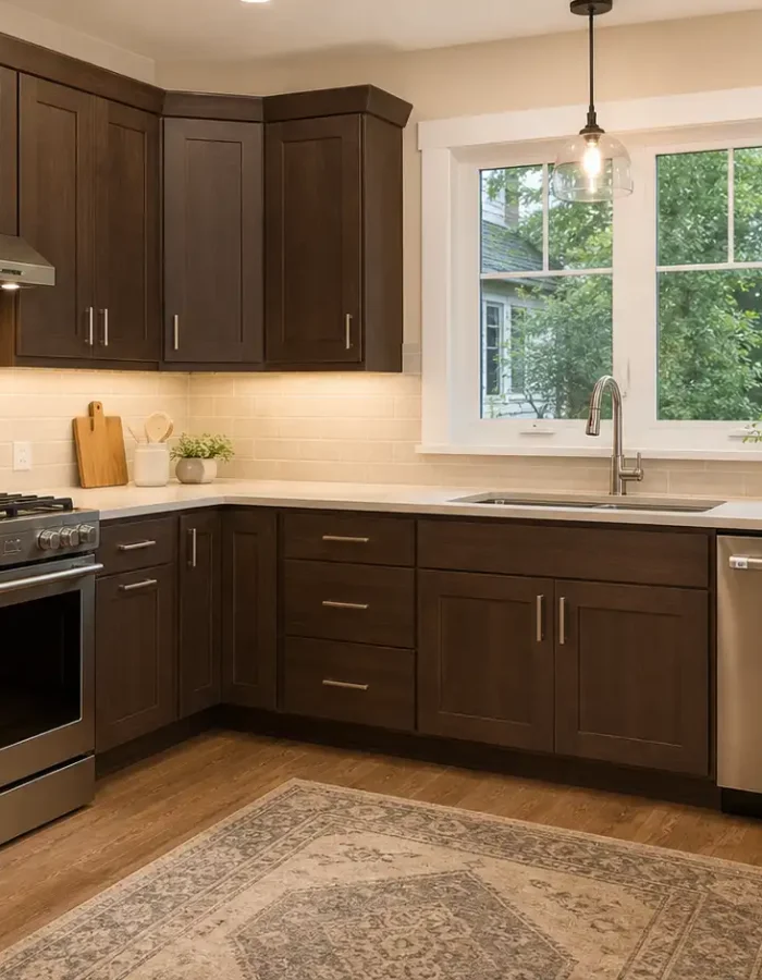 Modern 10x10 kitchen with dark wood cabinets and stainless steel appliances.