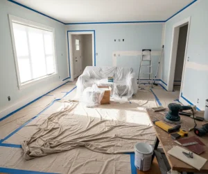 How to Prepare a Room for Painting with covered floors, taped trim, tools, and furniture protected for a clean and safe painting setup.