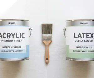 Acrylic vs latex paint two 1-gallon paint cans side by side with a paintbrush in the center showing key differences in finish and use