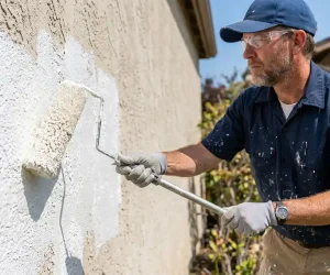 Professional painter applying what is elastomeric paint on a stucco exterior wall using a heavy-nap roller
