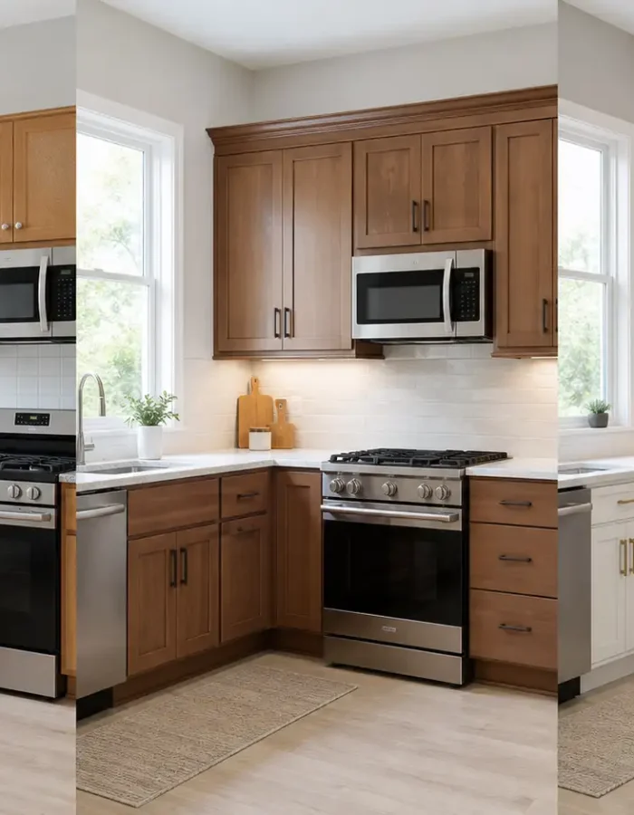 Three kitchen cabinet styles showing how cabinet design, finish, and quality can affect the cost of a 12x12 kitchen.