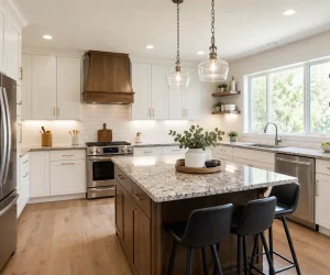 Average Cost of Cabinets for a 12x12 Kitchen shown in a bright modern kitchen with white cabinets, wood island, and granite countertops.