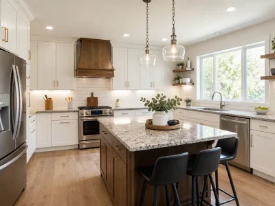 Average Cost of Cabinets for a 12x12 Kitchen shown in a bright modern kitchen with white cabinets, wood island, and granite countertops.