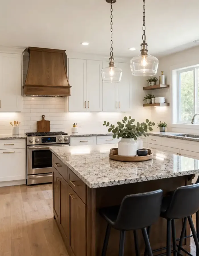 A modern 12x12 kitchen with white cabinets, a wood island, granite countertops, and stainless steel appliances.