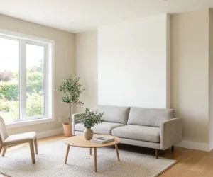 Benefits of interior painting shown in a bright modern living room with freshly painted beige and white walls, natural light, and minimal furniture