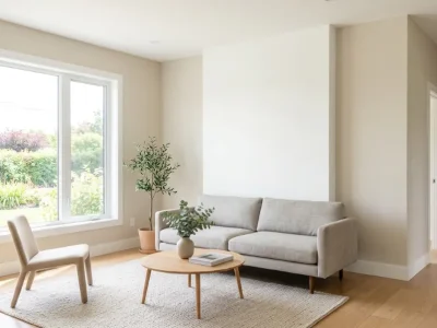 Benefits of interior painting shown in a bright modern living room with freshly painted beige and white walls, natural light, and minimal furniture