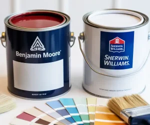 Benjamin Moore vs Sherwin Williams paint cans side by side with color swatches and brushes for home painting comparison