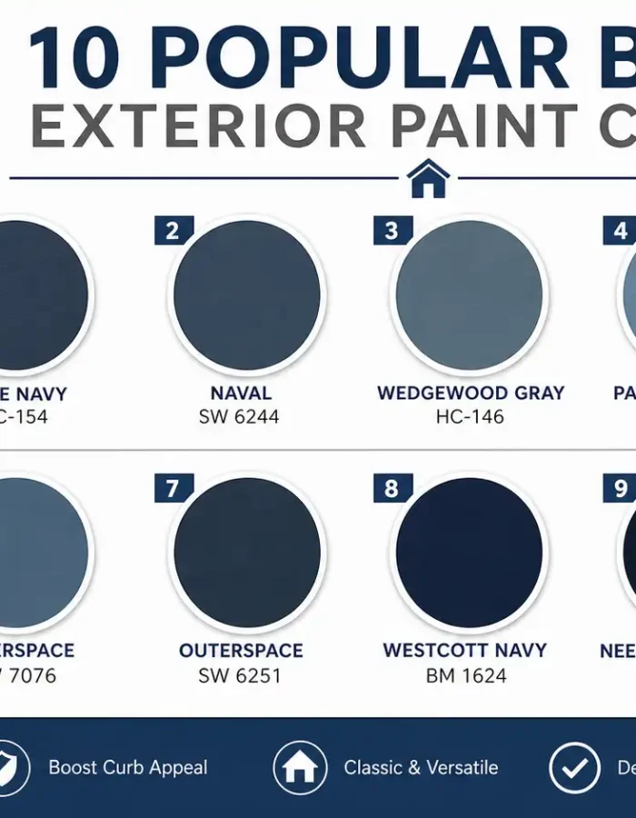10 designer-approved blue exterior paint colors including Hale Navy, Naval, Cyberspace, and Palladian Blue with exact paint codes from Benjamin Moore and Sherwin-Williams.
