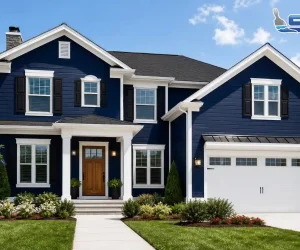 Best exterior blue paint colors on a two-story colonial home featuring navy blue fiber cement siding, white trim, black shutters, natural wood front door, and white garage door by SD Custom Painting
