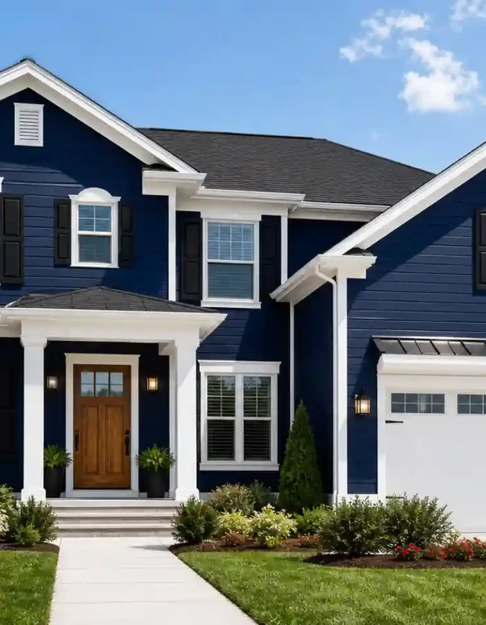 A stunning navy blue house exterior with crisp white trim, black shutters, and a warm wood front door one of the most timeless and curb-appeal-boosting exterior color palettes for colonial and craftsman-style homes.