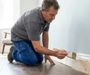 Professional painter using the best paint brush for trim while painting white baseboard on hardwood floor