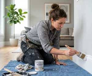 Professional painter using the best paint brush for trim while applying white latex paint to a baseboard with an angled sash brush in a modern living room
