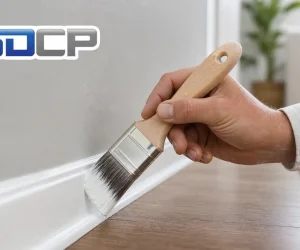 Professional painter applying white semi-gloss paint on a baseboard using the best paint brush for trim an angled sash brush with a wood handle in a modern living room