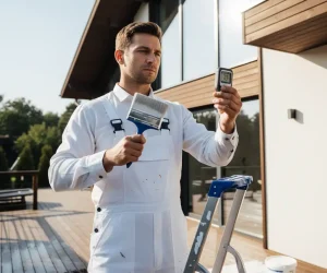 Professional painter checking what is the best temperature to paint outside with infrared thermometer while holding paint brush at modern house exterior.