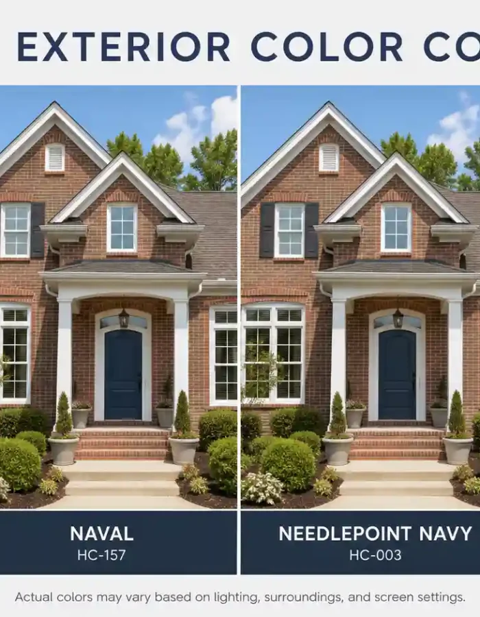 Side-by-side comparison of 4 navy blue exterior paint colors on a red brick house — Hale Navy, Naval, Needlepoint Navy, and Outerspace. Actual colors may vary based on lighting and surroundings.