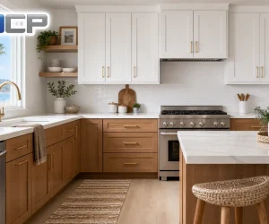 Cabinet painting vs refinishing shown in a modern San Diego kitchen with white painted upper cabinets and natural wood refinished lower cabinets with gold hardware