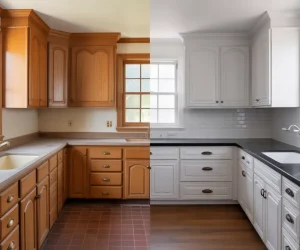 Before and after: This kitchen transformation proves you can paint oak cabinets for a modern look. The left side shows original 1990s honey oak with brass hardware, while the right displays freshly painted white cabinets with contemporary black pulls saving thousands compared to replacement.