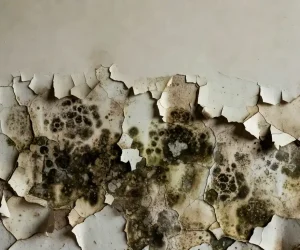 Can you paint over mold — peeling paint revealing black mold growth on a damp interior wall