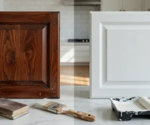 Can You Paint Over Stained Wood? Before and after stained wood cabinet painting