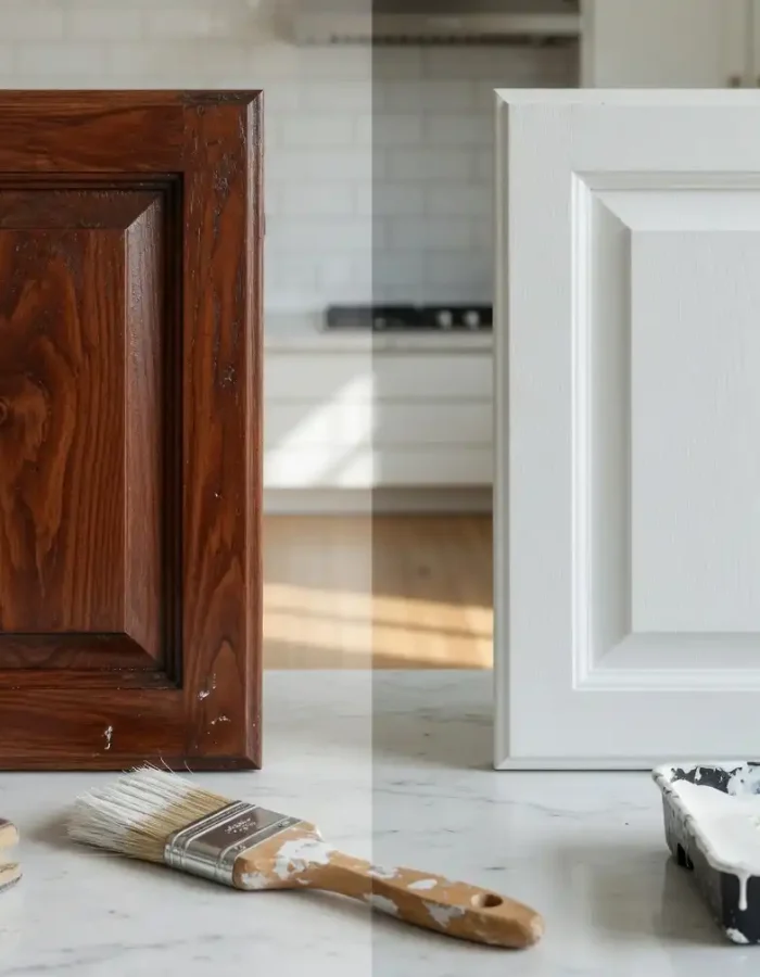 Before-and-after transformation of stained wood painted white.