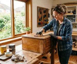 Woman sanding varnished wood cabinet before painting in a bright DIY workshop