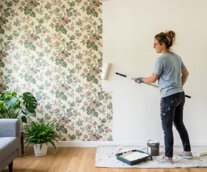 Can you paint over wallpaper — homeowner rolling white paint over floral wallpaper in a bright living room with drop cloth and paint tray on the floor