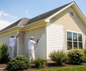 Two professional painters spraying and rolling light beige paint onto vinyl siding, showing can you paint siding on a house in real life