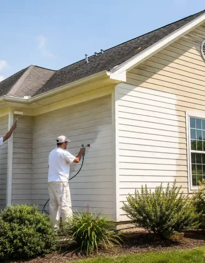 Yes, you can paint siding on a house. Here, two pros roll and spray fresh paint onto vinyl siding for a clean, even finish.