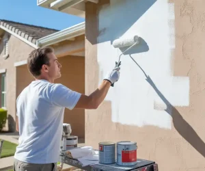 Homeowner painting stucco exterior wall with roller demonstrating can you paint stucco DIY project on sunny day