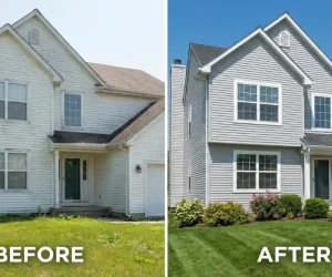 Can you paint vinyl siding before and after transformation showing faded white house painted fresh gray