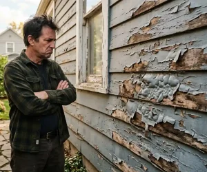 can you use interior paint outside Frustrated homeowner looking at heavily peeling and blistering paint on exterior wood siding — showing what happens when you use interior paint outside