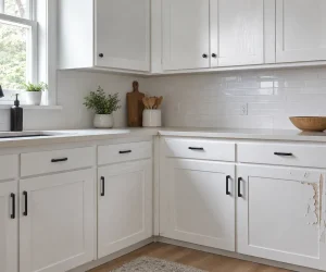 Common Cabinet Painting Mistakes shown on white kitchen cabinets, including peeling paint and an uneven finish on a lower cabinet door.