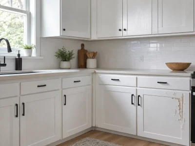 Common Cabinet Painting Mistakes shown on white kitchen cabinets, including peeling paint and an uneven finish on a lower cabinet door.