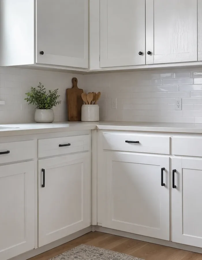 White kitchen cabinets showing peeling paint and an uneven finish, highlighting common cabinet painting mistakes.