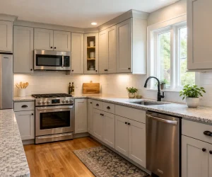 Cost to Paint Cabinets in a 10×12 Kitchen shown with freshly painted light gray shaker cabinets, granite counters, and stainless appliances.