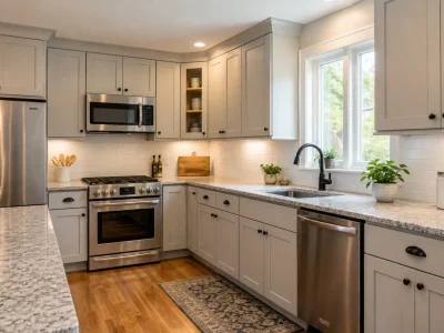 Cost to Paint Cabinets in a 10×12 Kitchen shown with freshly painted light gray shaker cabinets, granite counters, and stainless appliances.