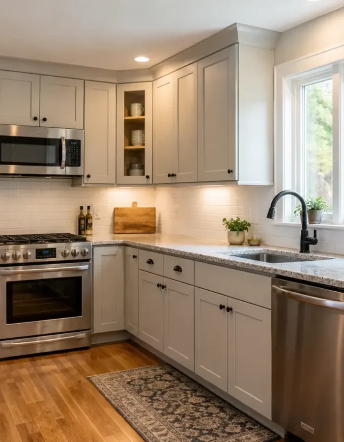 Freshly painted cabinets can give a 10×12 kitchen a clean, updated look without replacing the existing cabinet system.