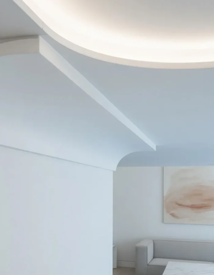 Cove molding uses a clean curved profile to create a soft wall-to-ceiling transition, making it a popular choice for modern, farmhouse, and transitional interiors.