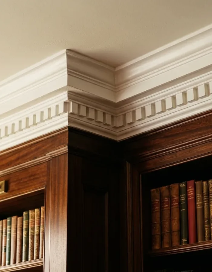 A close-up of dentil crown molding meeting in the corner of a wood-paneled home library, set above built-in bookshelves lined with leather-bound books.