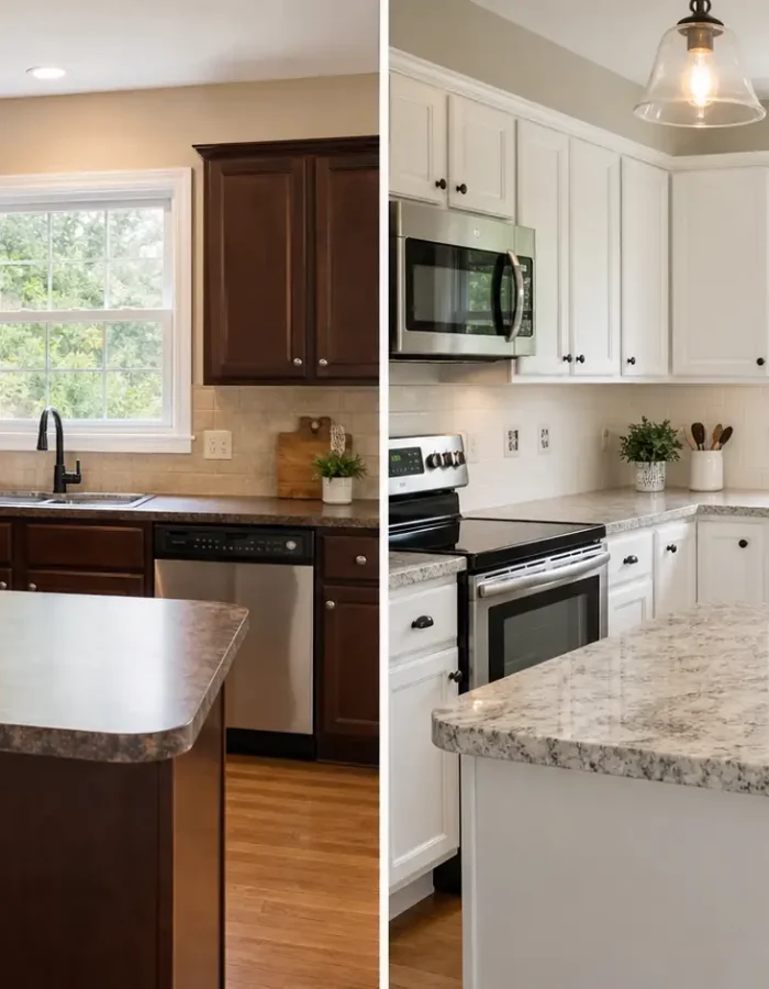 Before-and-after kitchen cabinets show how professional painting can transform the look of an existing kitchen.