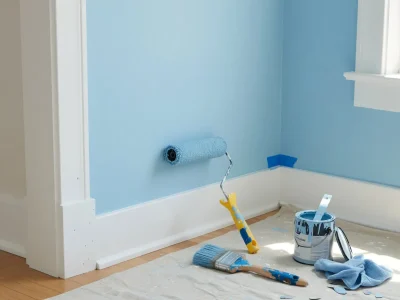 Do you paint trim or walls first guide showing freshly painted white baseboard trim next to a light blue wall, with paint roller, angled brush, and paint can on a drop cloth