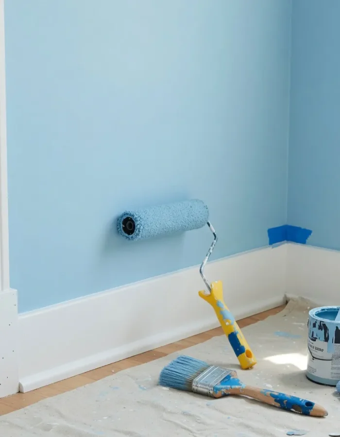 Getting the order right matters. Here, the white trim and baseboards are painted first, then the wall color is rolled close to the edge for a clean, sharp line.