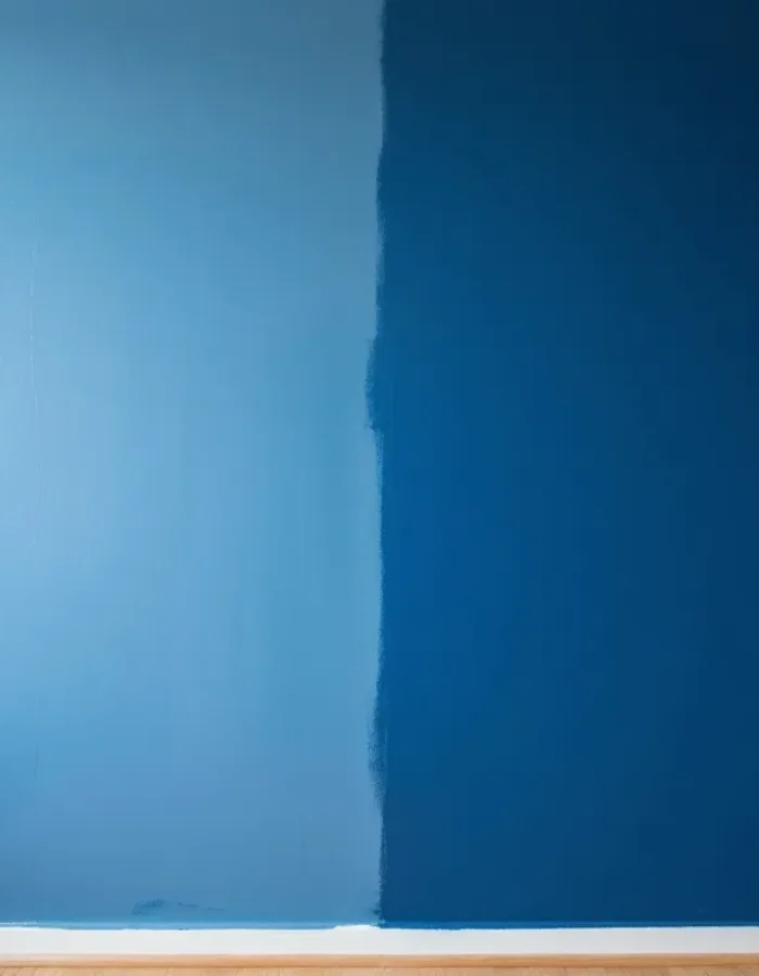 Same blue paint, two stages: the glossy left side is still wet, while the matte right side shows the true dried color, a clear answer to does paint dry darker or lighter.