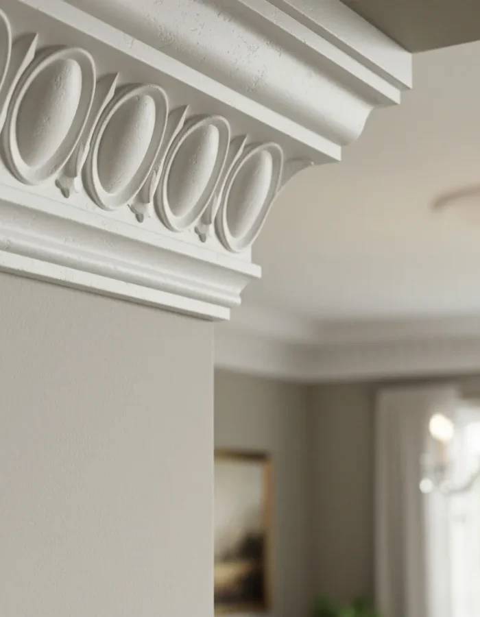 A close-up of ornate egg-and-dart crown molding, showing the alternating oval and dart pattern above a softly lit, traditional dining room.