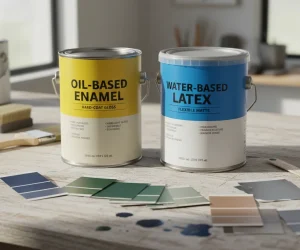 Enamel vs latex paint comparison showing oil-based enamel and water-based latex cans side by side on a workbench