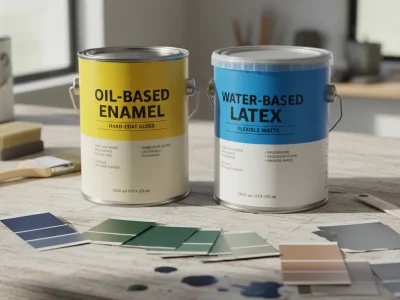 Enamel vs latex paint comparison showing oil-based enamel and water-based latex cans side by side on a workbench