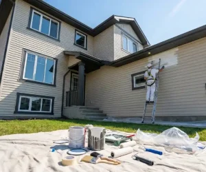 Professional painter on ladder demonstrating exterior house painting cost factors including labor and home size on modern two-story home