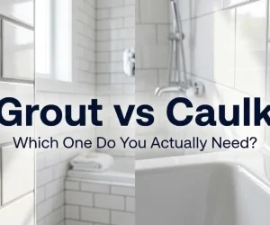 Grout vs caulk guide showing white subway tiles and bathtub in a clean bathroom shower