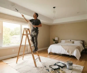 How do you paint a tray ceiling: a painter on a ladder uses a roller on an extension pole to paint a tray ceiling in a bright bedroom